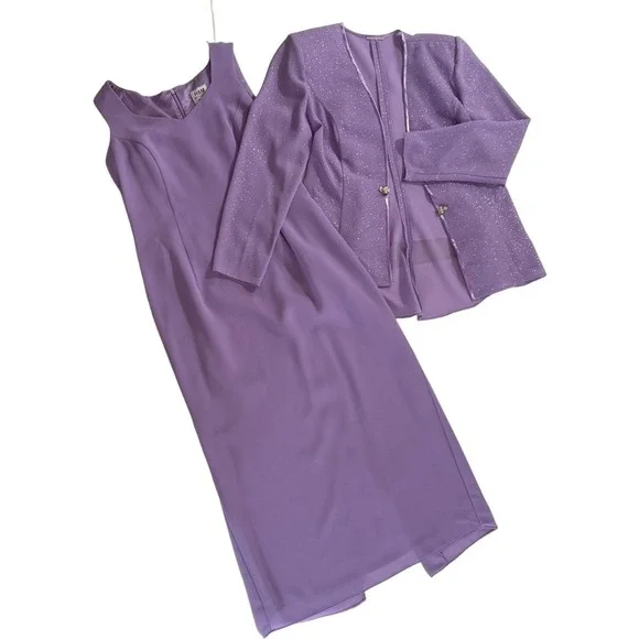 R&M Richards Petite Lavender Sparkle Jacket Dress Suit Women's Size 10P Elegant